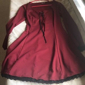 Burgundy Lace-Up Trim Dress w/ Corset Lace Back